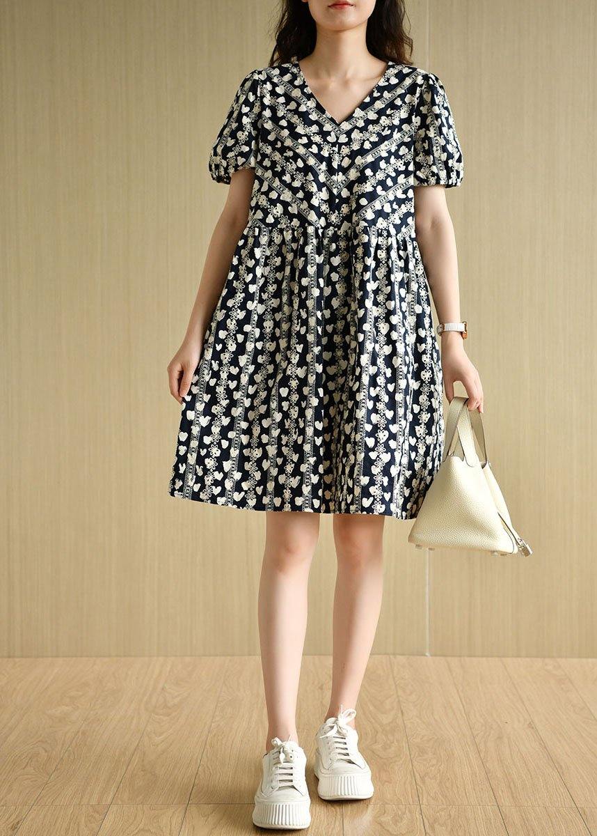Vintage Navy V Neck Loose Print Summer Cotton Dress Short Sleeve - Image 2