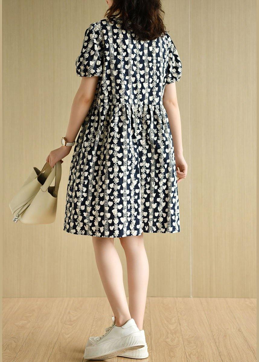 Vintage Navy V Neck Loose Print Summer Cotton Dress Short Sleeve - Image 3