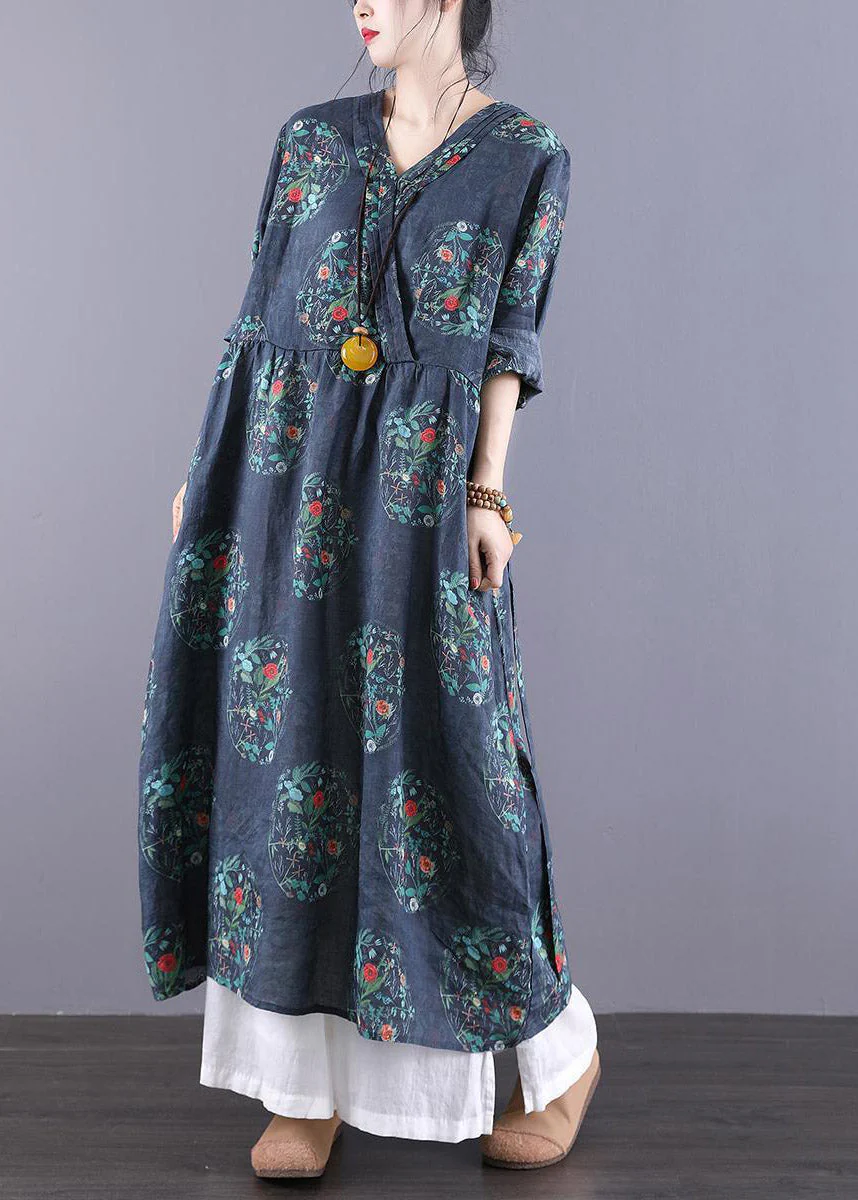 Vintage Navy V Neck Print Patchwork Wrinkled Dress Long Sleeve