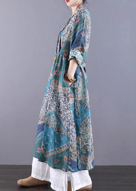 Vintage Navy V Neck Print Patchwork Wrinkled Dress Long Sleeve - Image 2