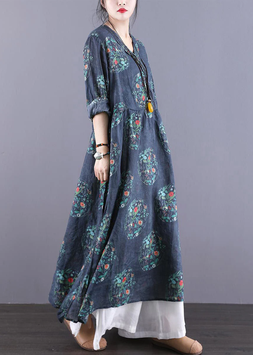 Vintage Navy V Neck Print Patchwork Wrinkled Dress Long Sleeve - Image 3