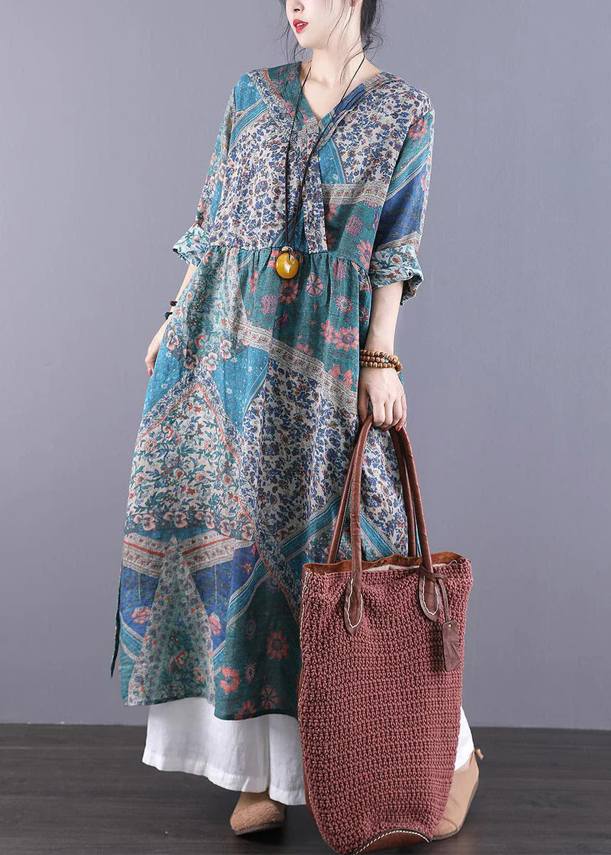 Vintage Navy V Neck Print Patchwork Wrinkled Dress Long Sleeve - Image 4