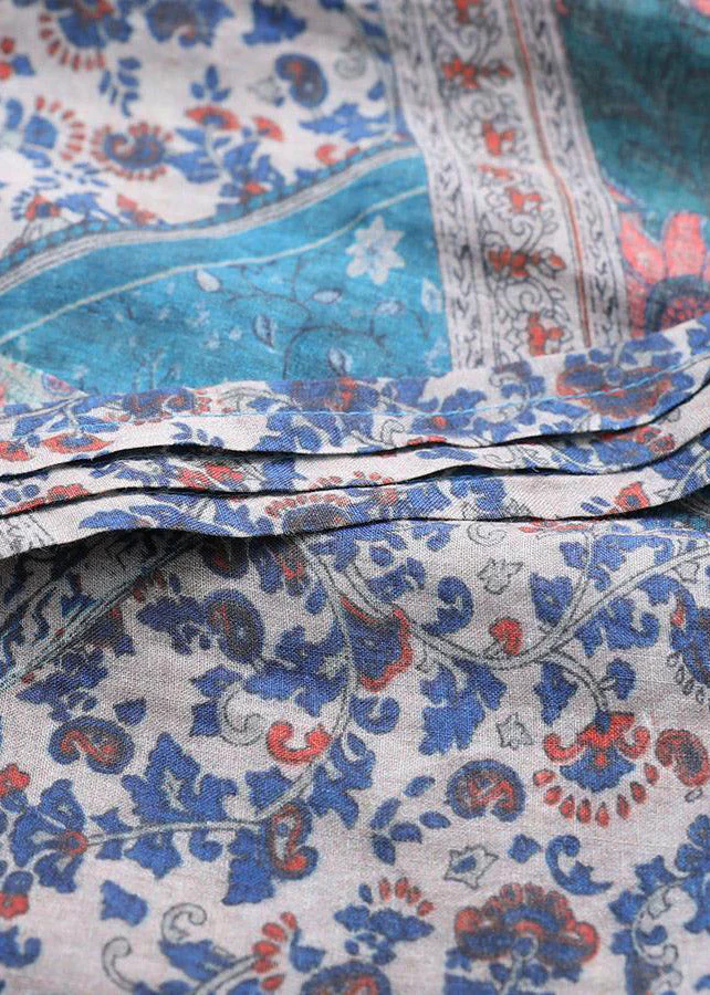 Vintage Navy V Neck Print Patchwork Wrinkled Dress Long Sleeve - Image 5