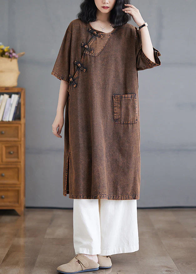 Vintage O-Neck Button Side Open Denim Long Dresses Short Sleeve - Image 2