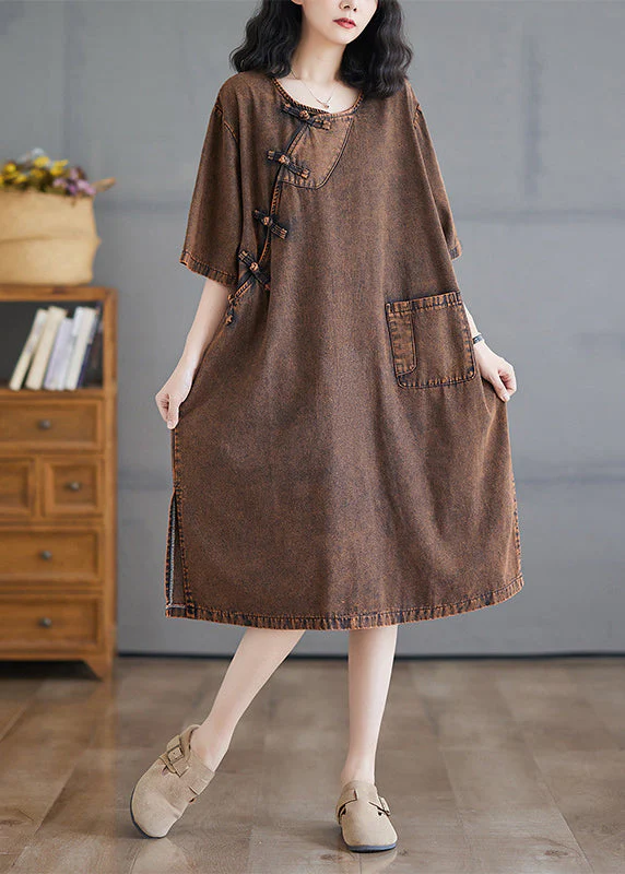 Vintage O-Neck Button Side Open Denim Long Dresses Short Sleeve - Image 3