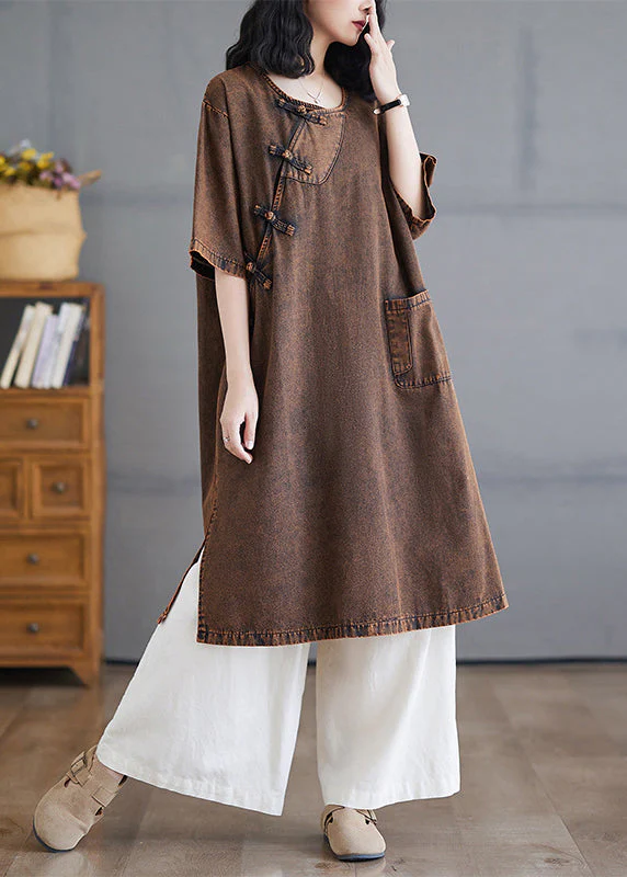 Vintage O-Neck Button Side Open Denim Long Dresses Short Sleeve - Image 4