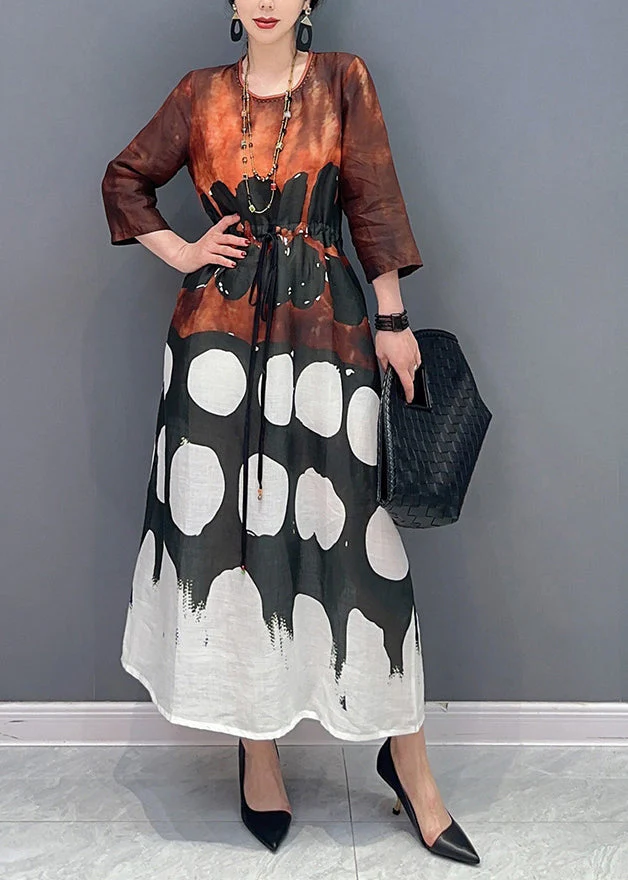 Vintage O-Neck Cinched Print Long Dress Bracelet Sleeve - Image 2