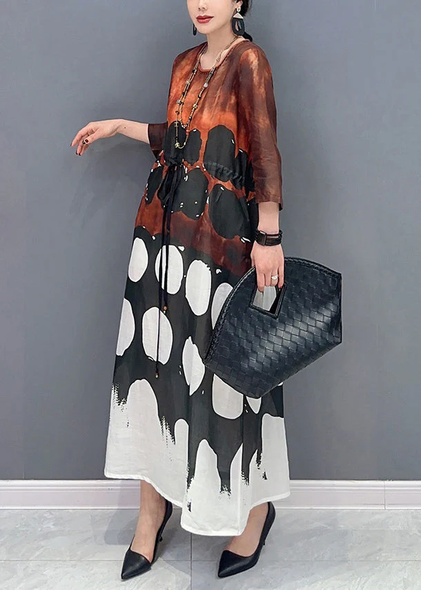 Vintage O-Neck Cinched Print Long Dress Bracelet Sleeve - Image 3