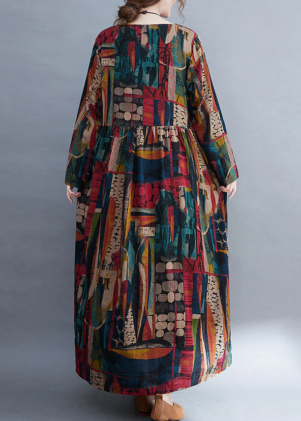 Vintage O-Neck Patchwork Print Cotton Cozy Maxi Dress Long Sleeve - Image 4