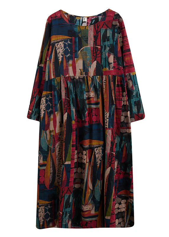 Vintage O-Neck Patchwork Print Cotton Cozy Maxi Dress Long Sleeve - Image 5