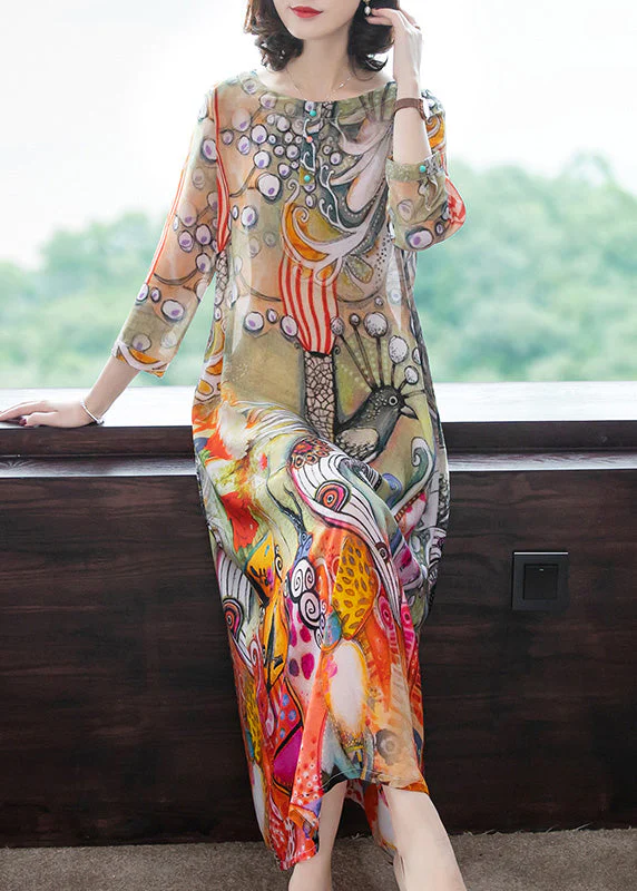 Vintage O-Neck Print Silk Vacation Long Dresses Long Sleeve - Image 2