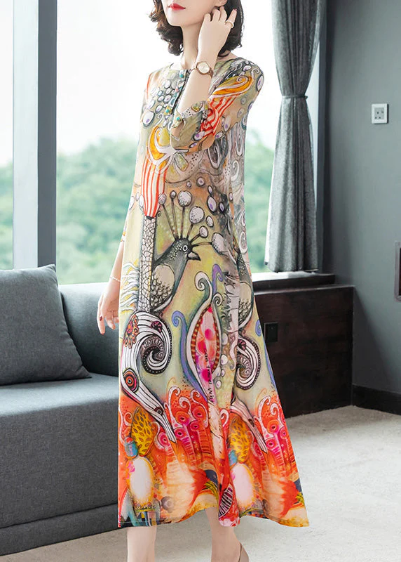 Vintage O-Neck Print Silk Vacation Long Dresses Long Sleeve - Image 3