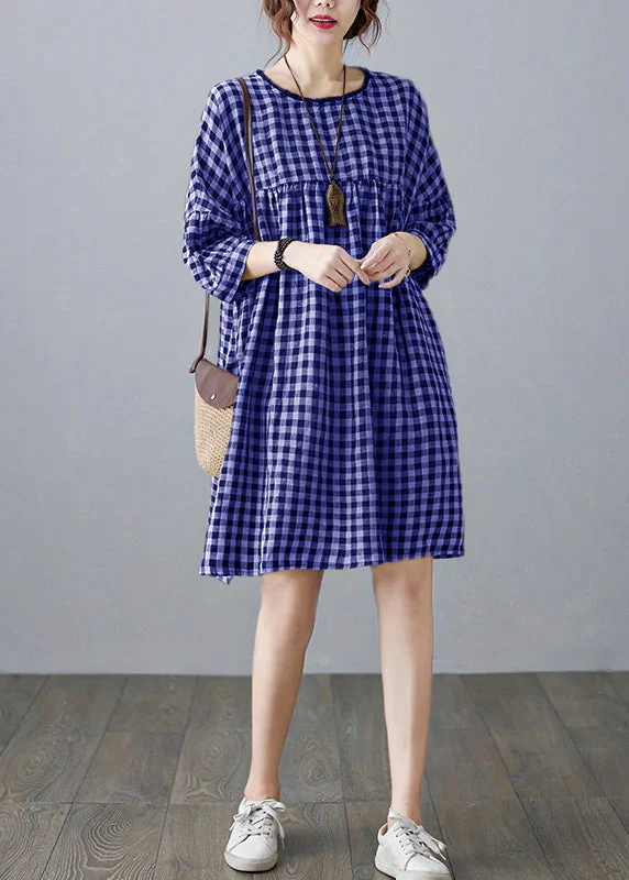 Vintage O-Neck wrinkled Pocket Purple Linen Loose Dresses Half Sleeve - Image 3