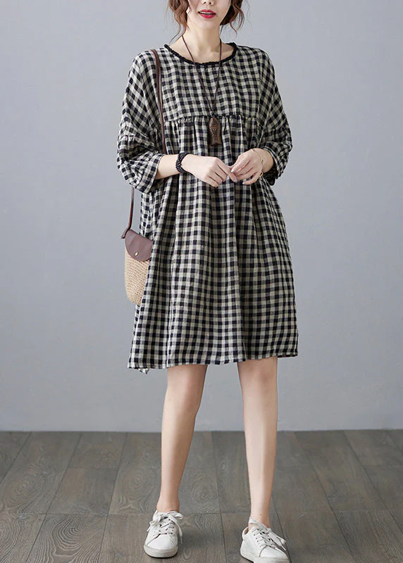 Vintage O-Neck wrinkled Pocket Purple Linen Loose Dresses Half Sleeve - Image 5