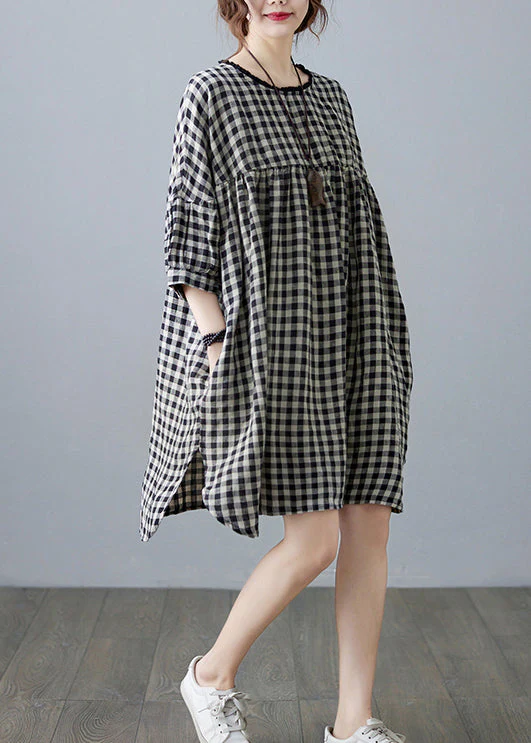 Vintage O-Neck wrinkled Pocket Yellow Linen Loose Dresses Half Sleeve - Image 3