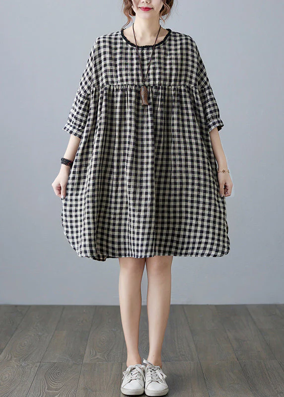 Vintage O-Neck wrinkled Pocket Blue Linen Loose Dresses Half Sleeve - Image 5