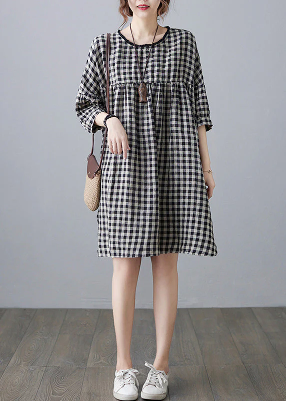 Vintage O-Neck wrinkled Pocket Blue Linen Loose Dresses Half Sleeve - Image 6