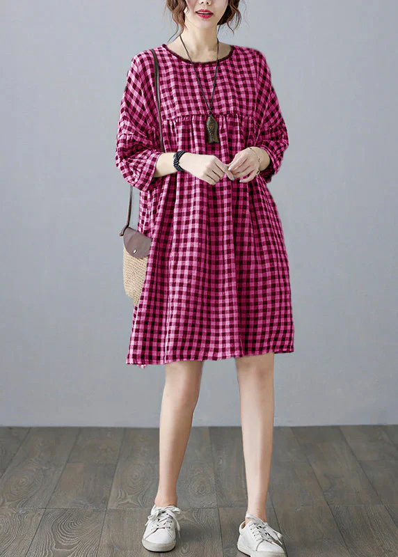 Vintage O-Neck wrinkled Pocket Blue Linen Loose Dresses Half Sleeve - Image 9