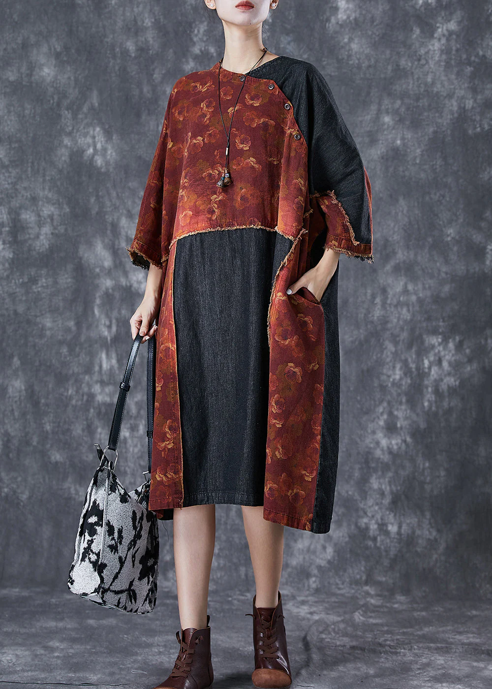 Vintage Orange Asymmetrical Denim Patchwork Linen Dress Summer - Image 2