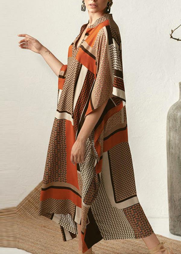 Vintage Orange Chocolate Print Half Sleeve kimono Robe Summer Chiffon Dress - Image 2
