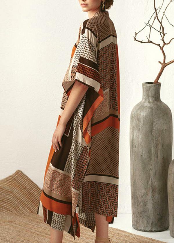 Vintage Orange Chocolate Print Half Sleeve kimono Robe Summer Chiffon Dress - Image 3