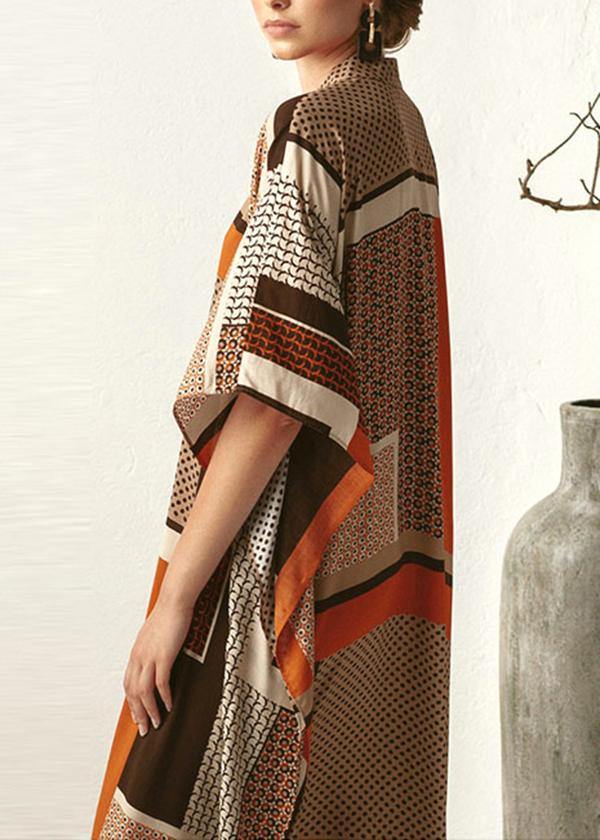 Vintage Orange Chocolate Print Half Sleeve kimono Robe Summer Chiffon Dress - Image 4