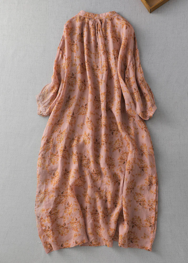 Vintage Orange Print Button Patchwork Linen Long Dresses Summer - Image 2