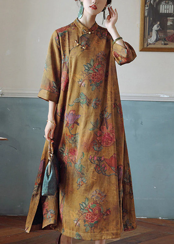 Vintage Orange Print Stand Collar Button Silk Maxi Dresses Spring - Image 2