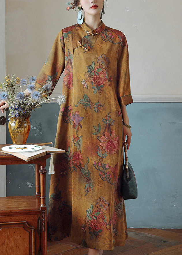 Vintage Orange Print Stand Collar Button Silk Maxi Dresses Spring - Image 3