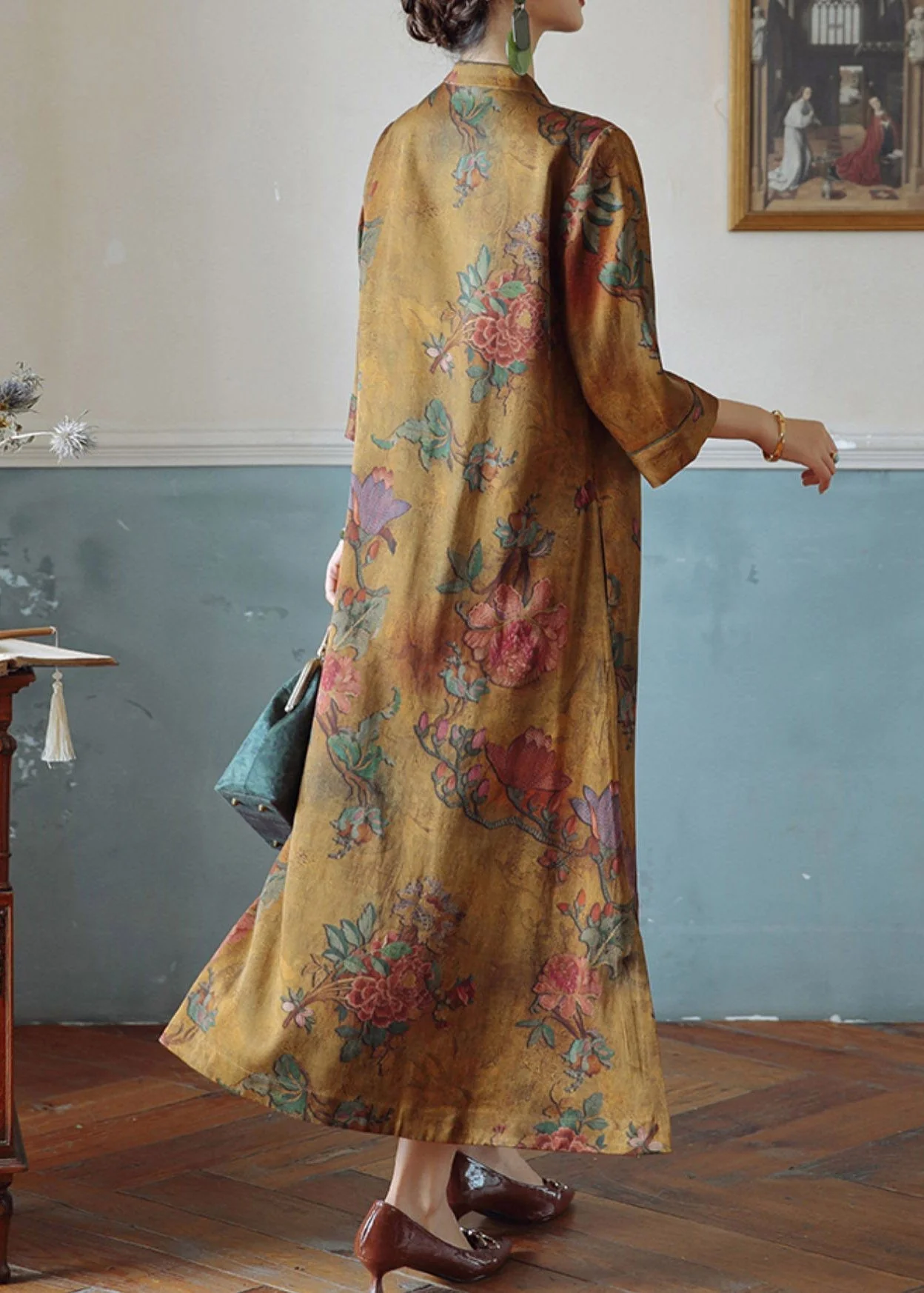 Vintage Orange Print Stand Collar Button Silk Maxi Dresses Spring - Image 4