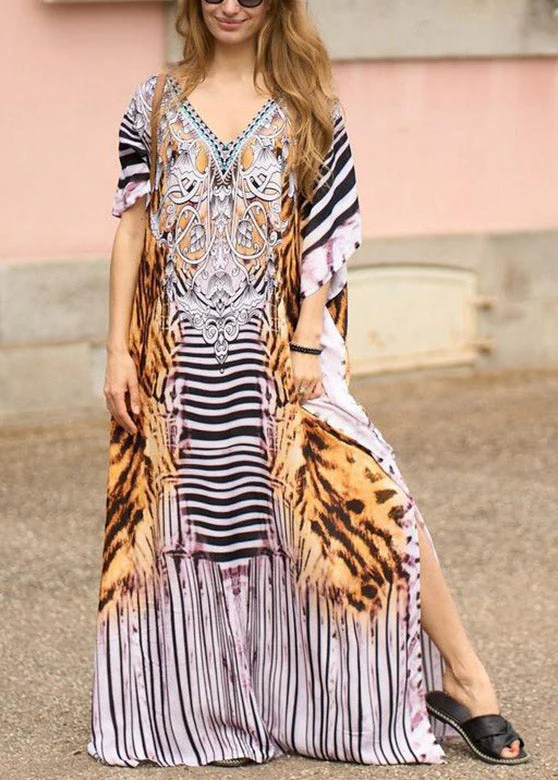 Vintage Orange Side Open Print Long Beach Dresses Short Sleeve - Image 2