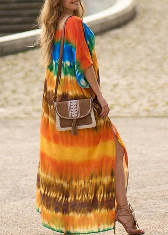 Vintage Orange Side Open Print Long Beach Dresses Short Sleeve - Image 3