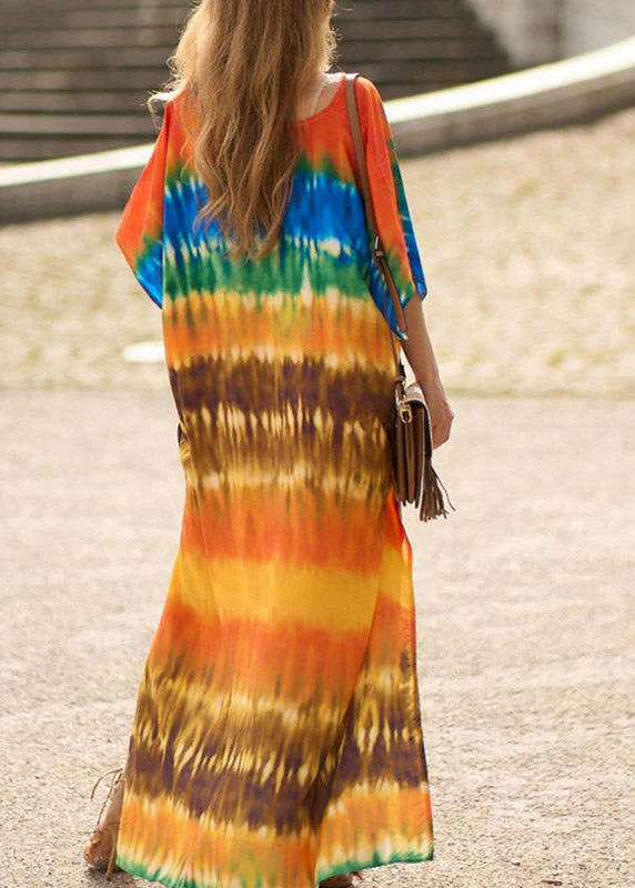 Vintage Orange Side Open Print Long Beach Dresses Short Sleeve - Image 5