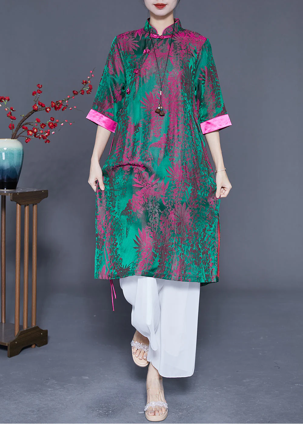Vintage Peacock Green Print Side Open Silk Dress Summer - Image 2