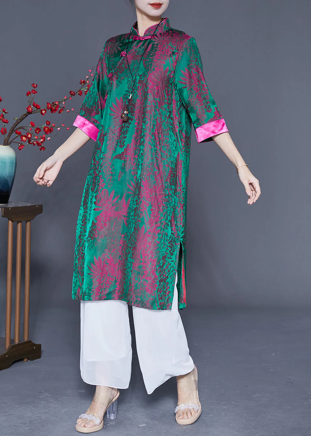 Vintage Peacock Green Print Side Open Silk Dress Summer - Image 3