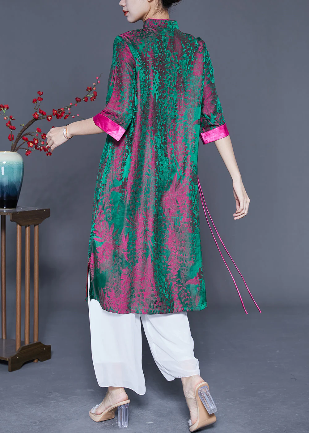 Vintage Peacock Green Print Side Open Silk Dress Summer - Image 4