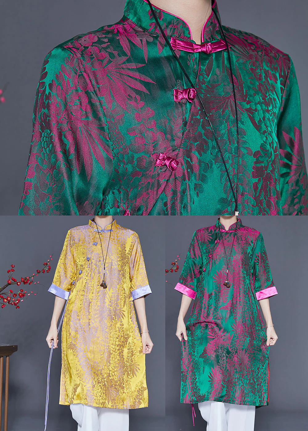 Vintage Peacock Green Print Side Open Silk Dress Summer - Image 5