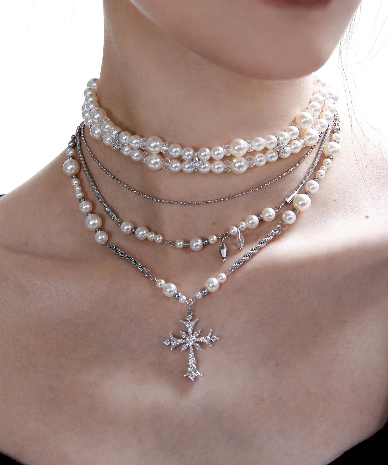 Vintage Pearl Cross Two Piece Set Alloy Layering Pendant Necklace - Image 2
