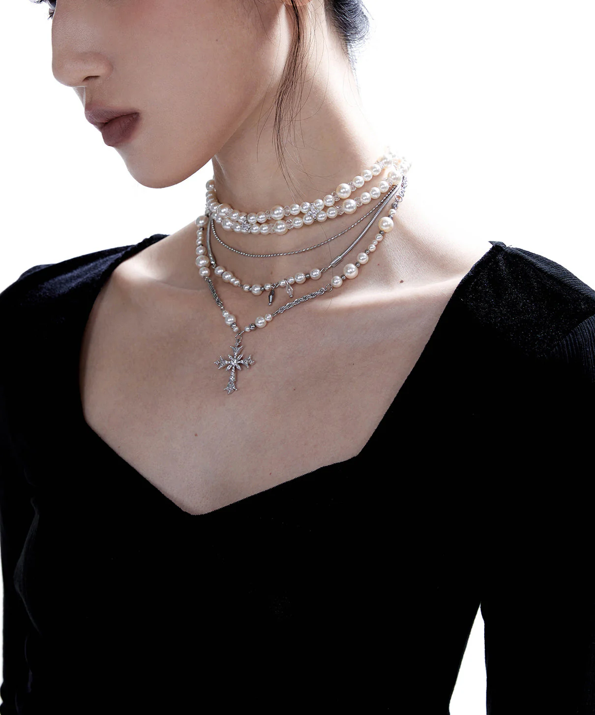 Vintage Pearl Cross Two Piece Set Alloy Layering Pendant Necklace - Image 5