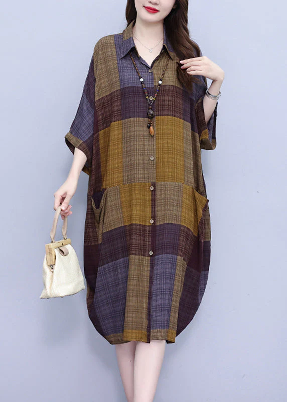 Vintage Peter Pan Collar Plaid Long Shirt Dress Summer - Image 2
