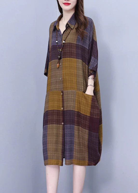 Vintage Peter Pan Collar Plaid Long Shirt Dress Summer - Image 3