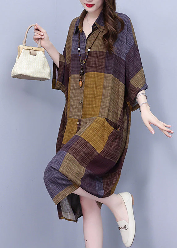 Vintage Peter Pan Collar Plaid Long Shirt Dress Summer - Image 4