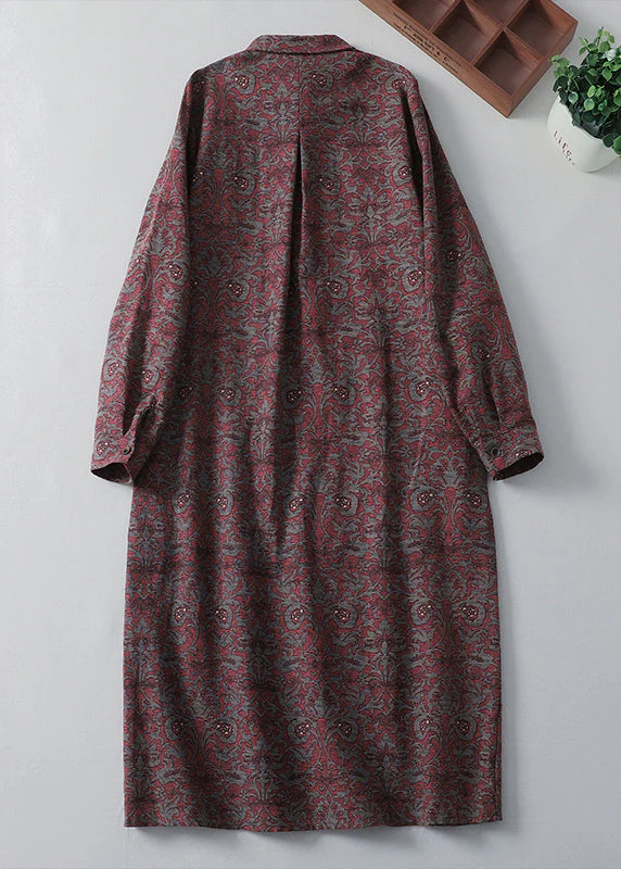 Vintage Peter Pan Collar Print Pockets Cotton Shirts Dress Spring - Image 2
