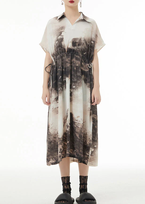 Vintage Peter Pan Collar Tie DyeTie Waist Patchwork Silk Long Dresses Summer - Image 2