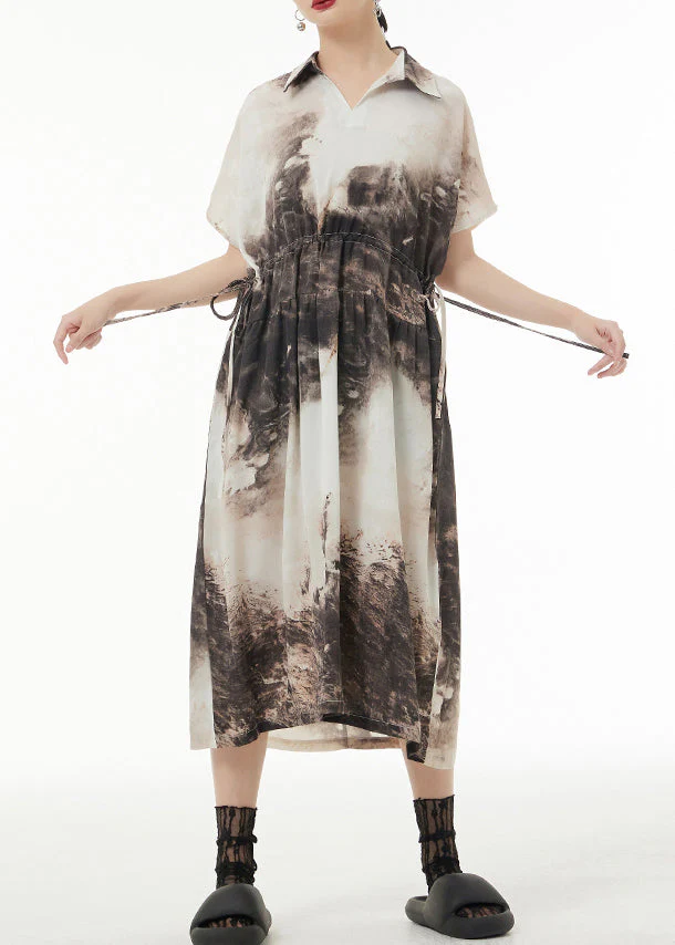 Vintage Peter Pan Collar Tie DyeTie Waist Patchwork Silk Long Dresses Summer - Image 3