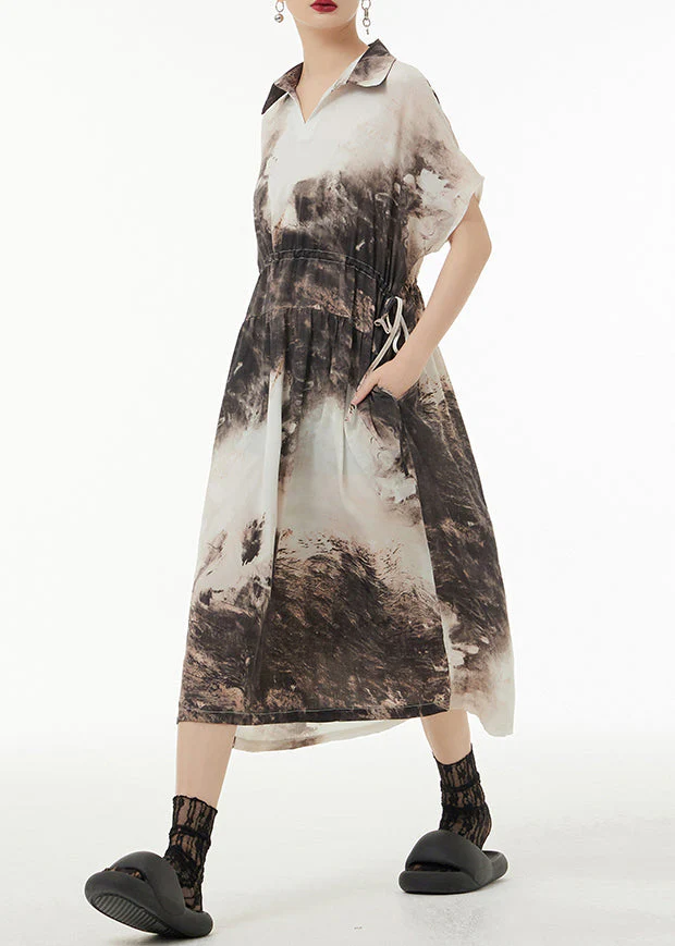 Vintage Peter Pan Collar Tie DyeTie Waist Patchwork Silk Long Dresses Summer - Image 4