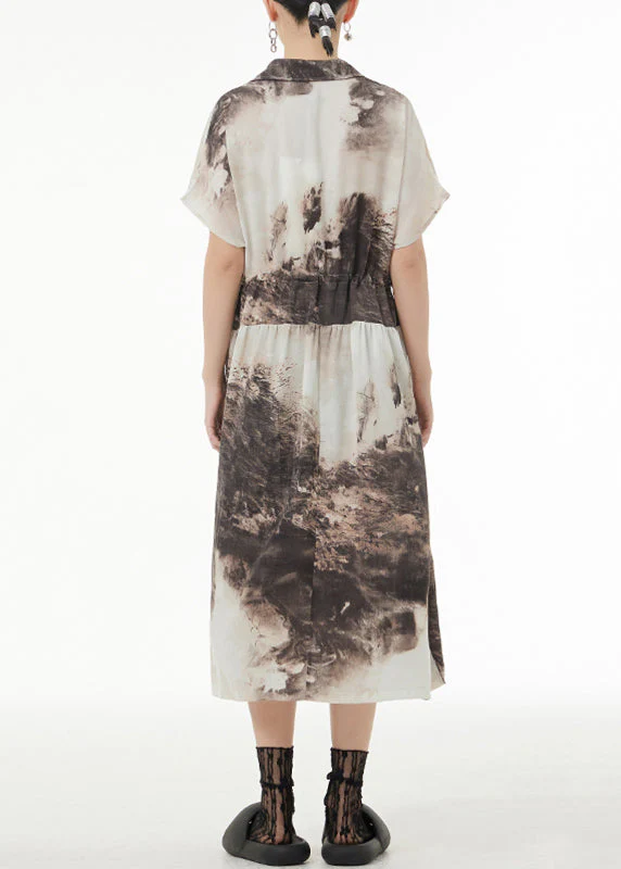Vintage Peter Pan Collar Tie DyeTie Waist Patchwork Silk Long Dresses Summer - Image 5
