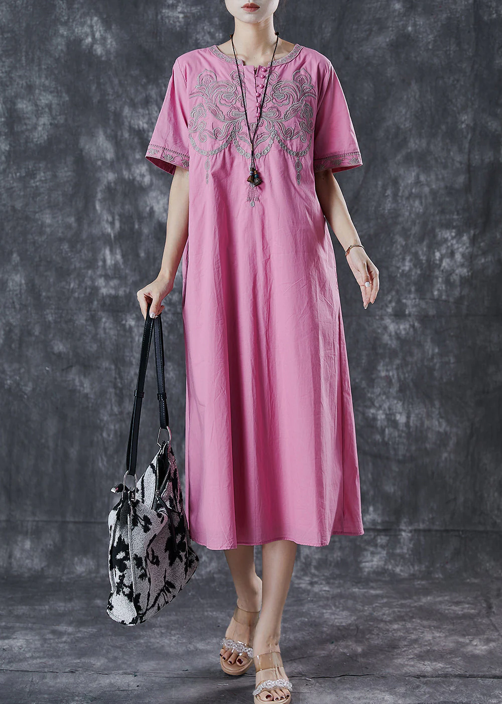 Vintage Pink Embroidered Cotton Long Dress Summer - Image 2