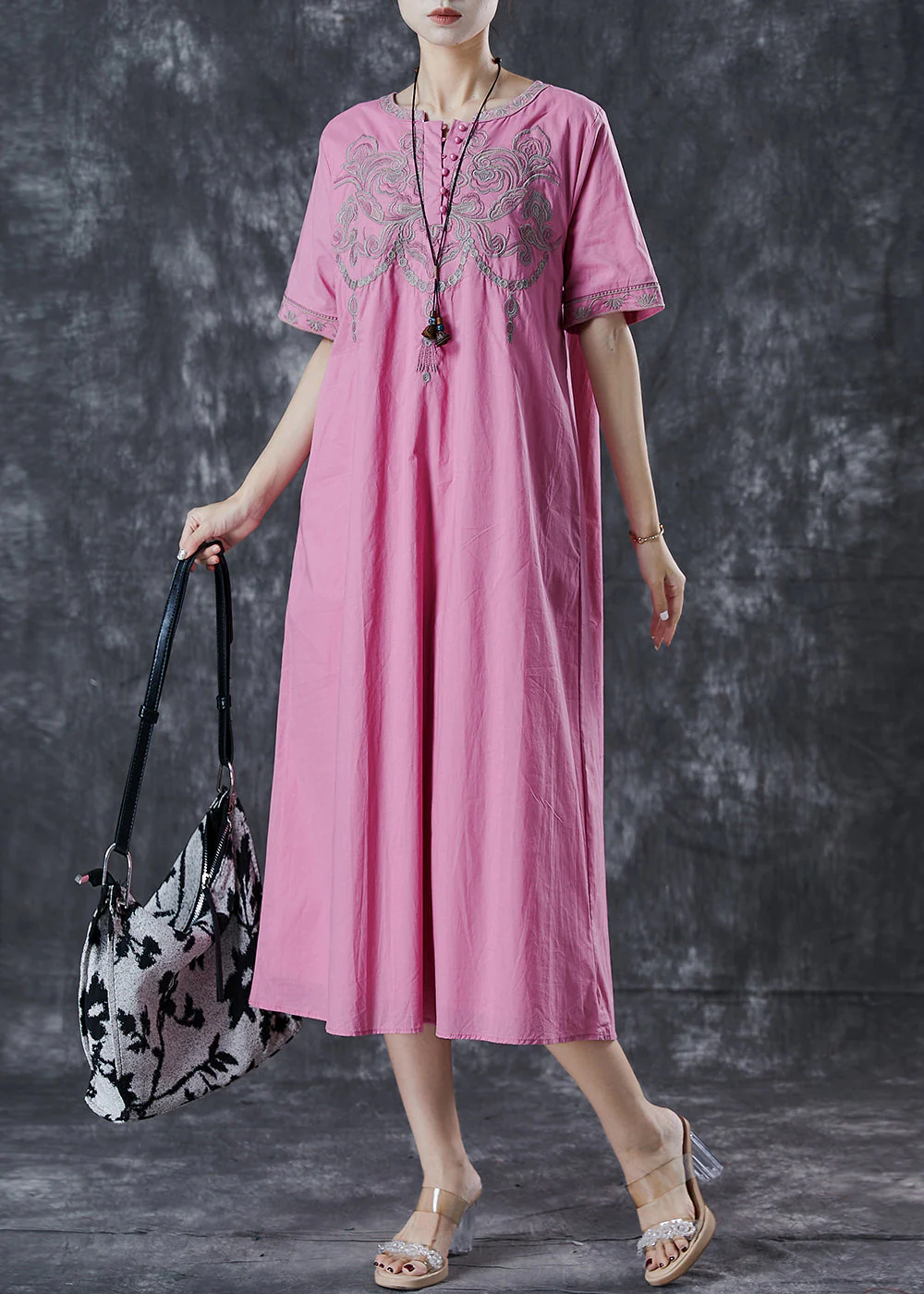 Vintage Pink Embroidered Cotton Long Dress Summer - Image 3