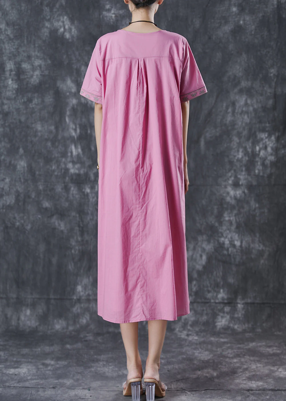 Vintage Pink Embroidered Cotton Long Dress Summer - Image 4